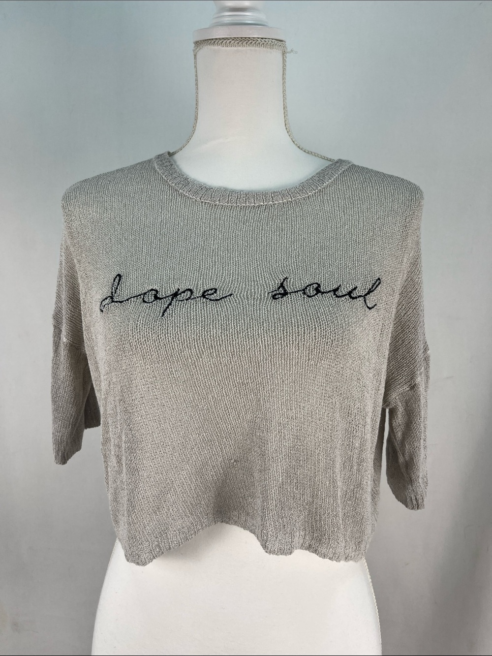 WLM Dope Soul Embroidered Crop Top Sweater Grey Knit Medium